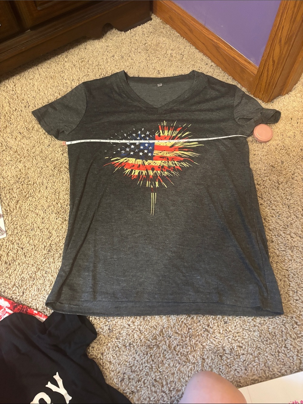 Dark Gray V-Neck Tee with American Flag Firework Graphic